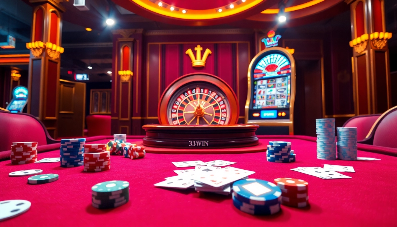 Experience thrilling gambling action at 33win with vibrant tables, cards, and slot machines.
