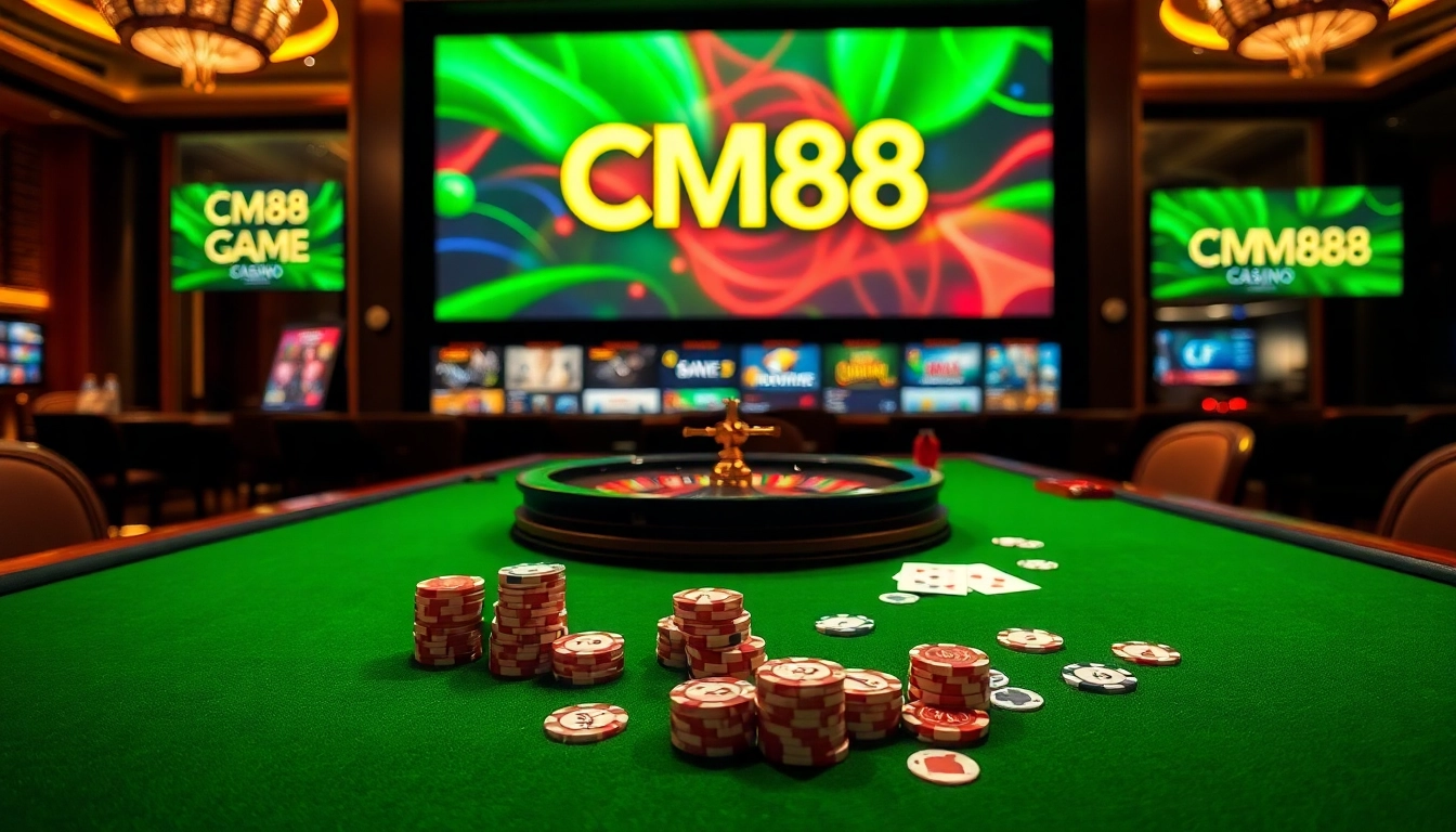 CM88 casino scene with poker chips and roulette wheel showcasing luxury gambling experience.