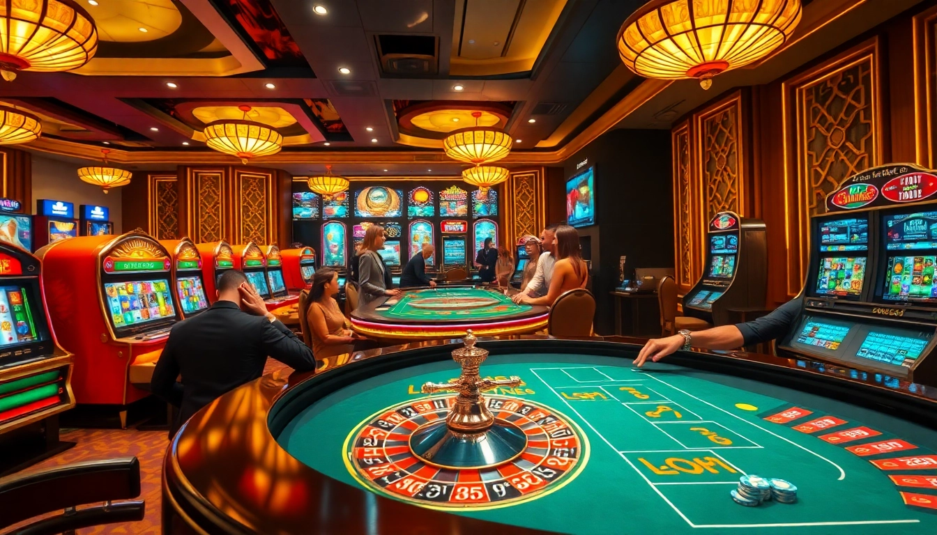 Experience the excitement of Japanese-style gaming with trang chủ XX88's luxury casino atmosphere featuring roulette and slot machines.