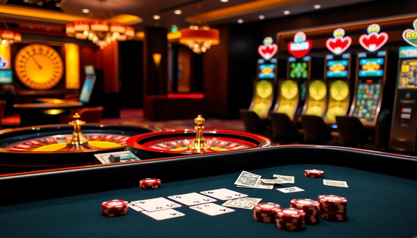 Experience U888's thrilling casino games with vibrant tables, chips, and glowing slot machines.