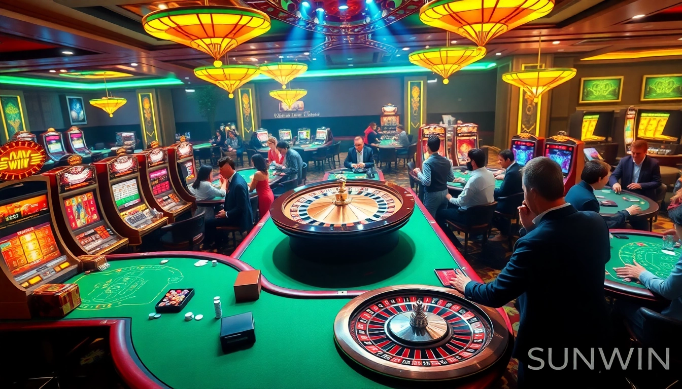 Experience thrilling gameplay at SUNWIN's luxury casino with vibrant tables and energetic players.