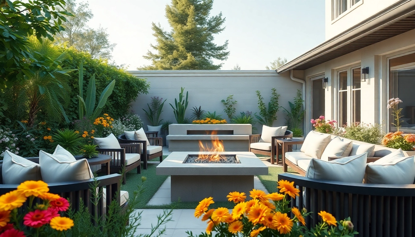 Showcasing patio additions with a modern lounge area surrounded by greenery and sunlight.