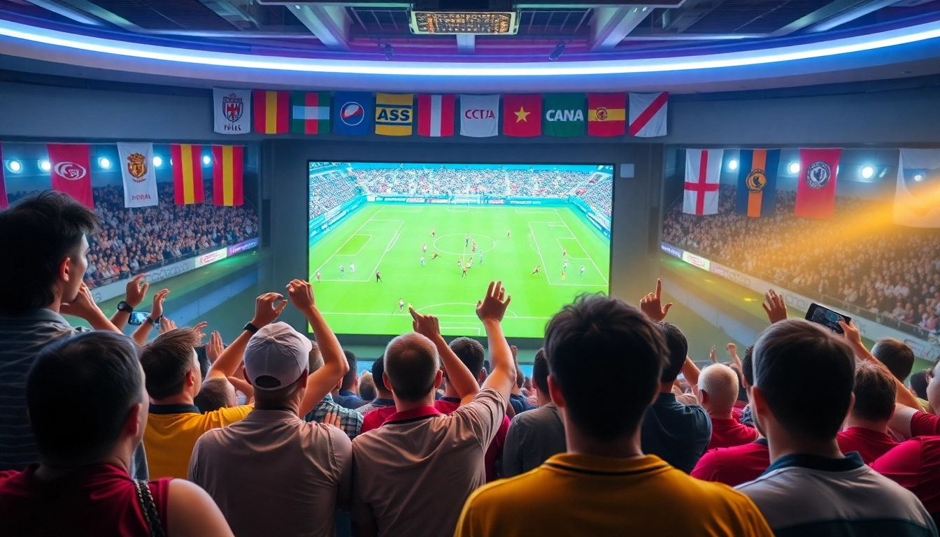 Excited fans cheering and watching football at https://vaoluoitv.it.com with vibrant jerseys and lively atmosphere.