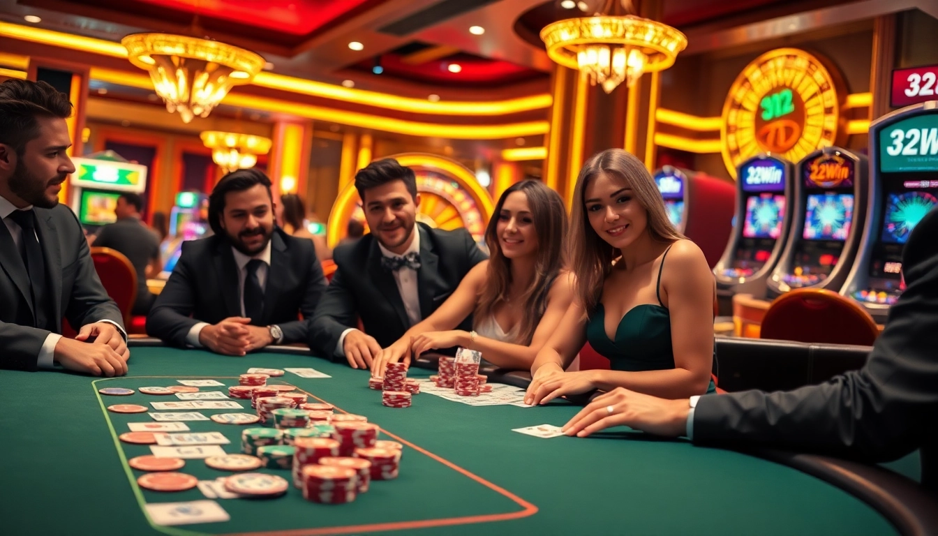 32Win casino scene showcasing poker chips, cards, and roulette wheel in a luxurious gaming environment.