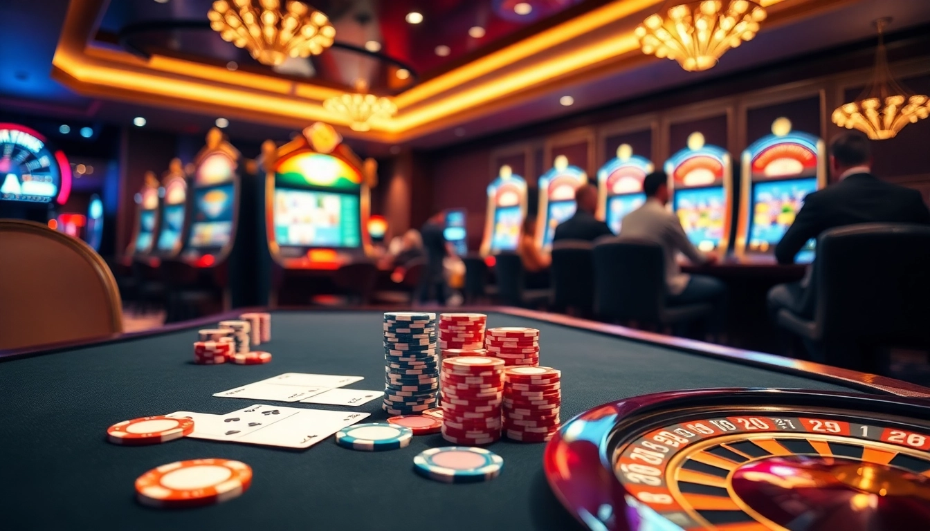 Experience the thrill of online gambling at https://98wincom.best/ with vibrant casino visuals showcasing poker and roulette.