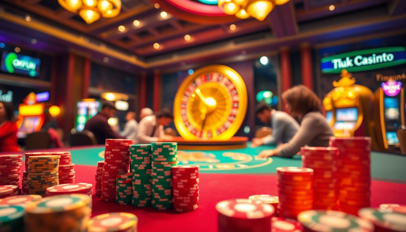 Players enjoying a poker game at OKFUN casino, surrounded by vibrant slot machines and ambiance.
