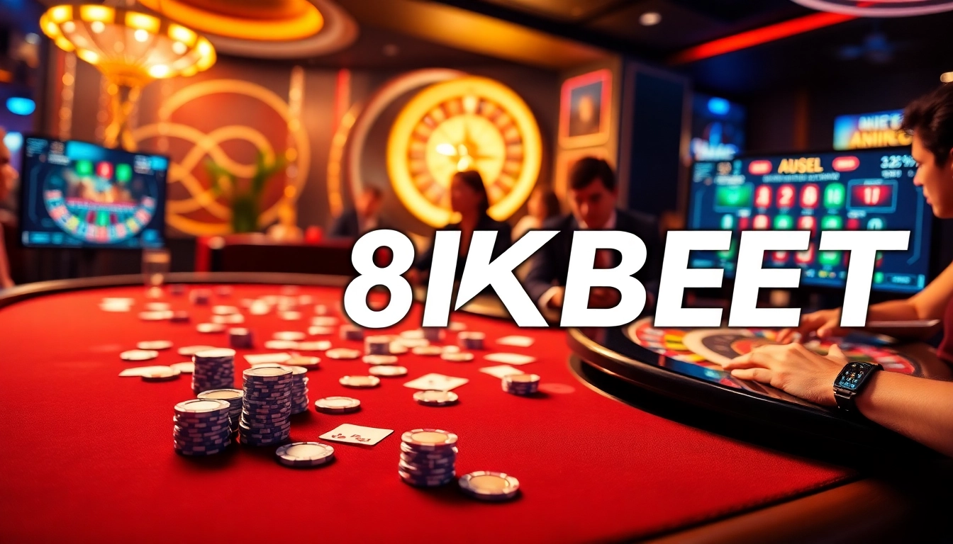 8KBET players enjoying a thrilling casino experience with poker tables and roulette wheels.
