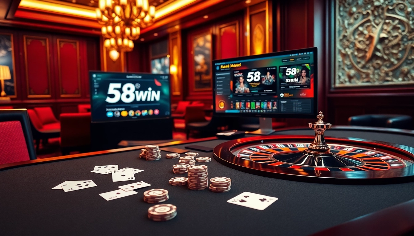 A vibrant casino scene featuring the 58win com gaming interface, showcasing exciting gambling elements.