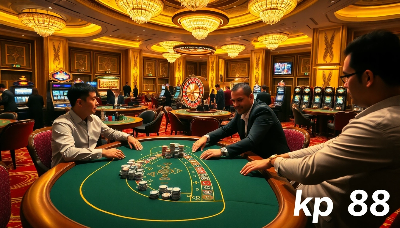 Exciting gambling scene featuring players at a poker table and kp88-themed ambiance.