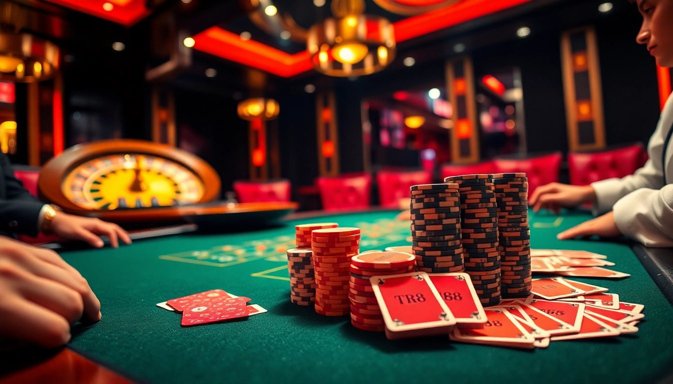 Players strategize around a casino table with TR88 poker chips and vibrant cards, capturing the excitement of gambling.