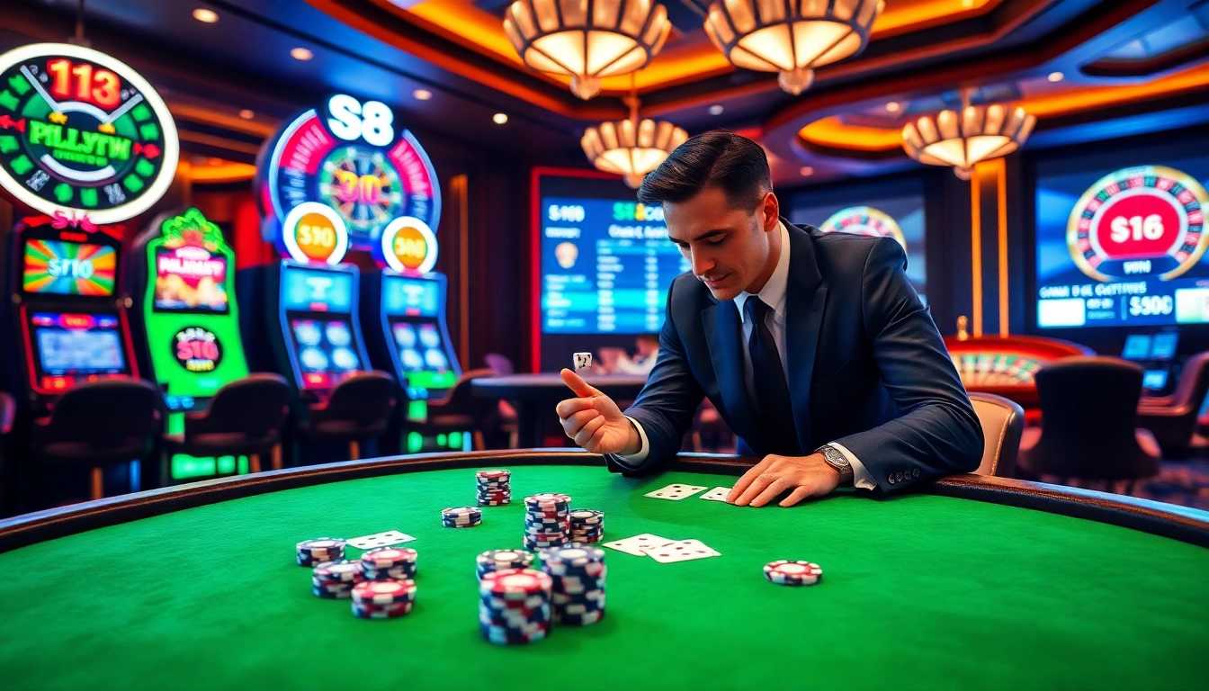 Experience thrilling action at s8 com casino with poker chips and roulette wheels.