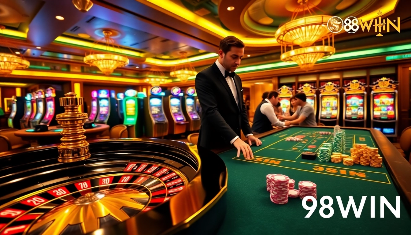 Experience the thrill of casino gaming with 98WIN's vibrant roulette and poker scene.