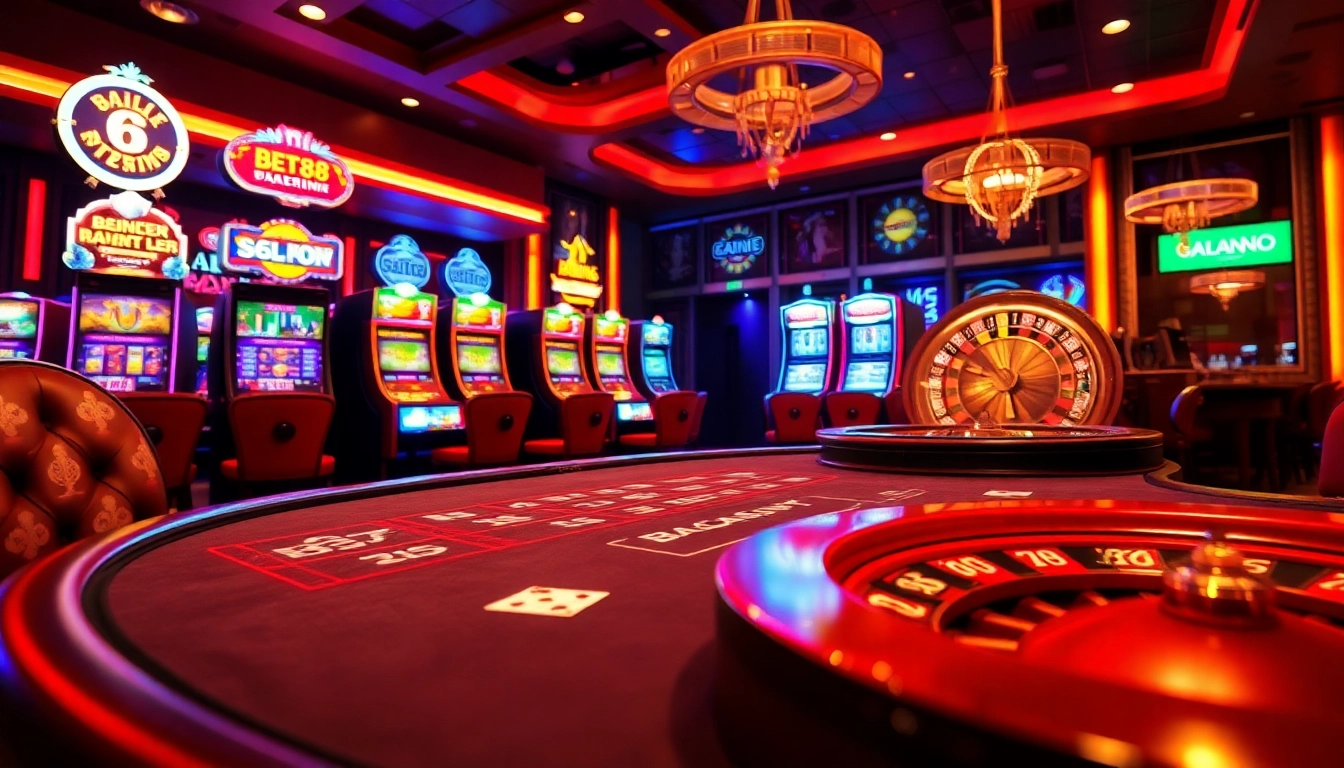 Engage with thrilling gameplay at Bet88's dynamic casino, featuring blackjack tables and colorful slot machines.