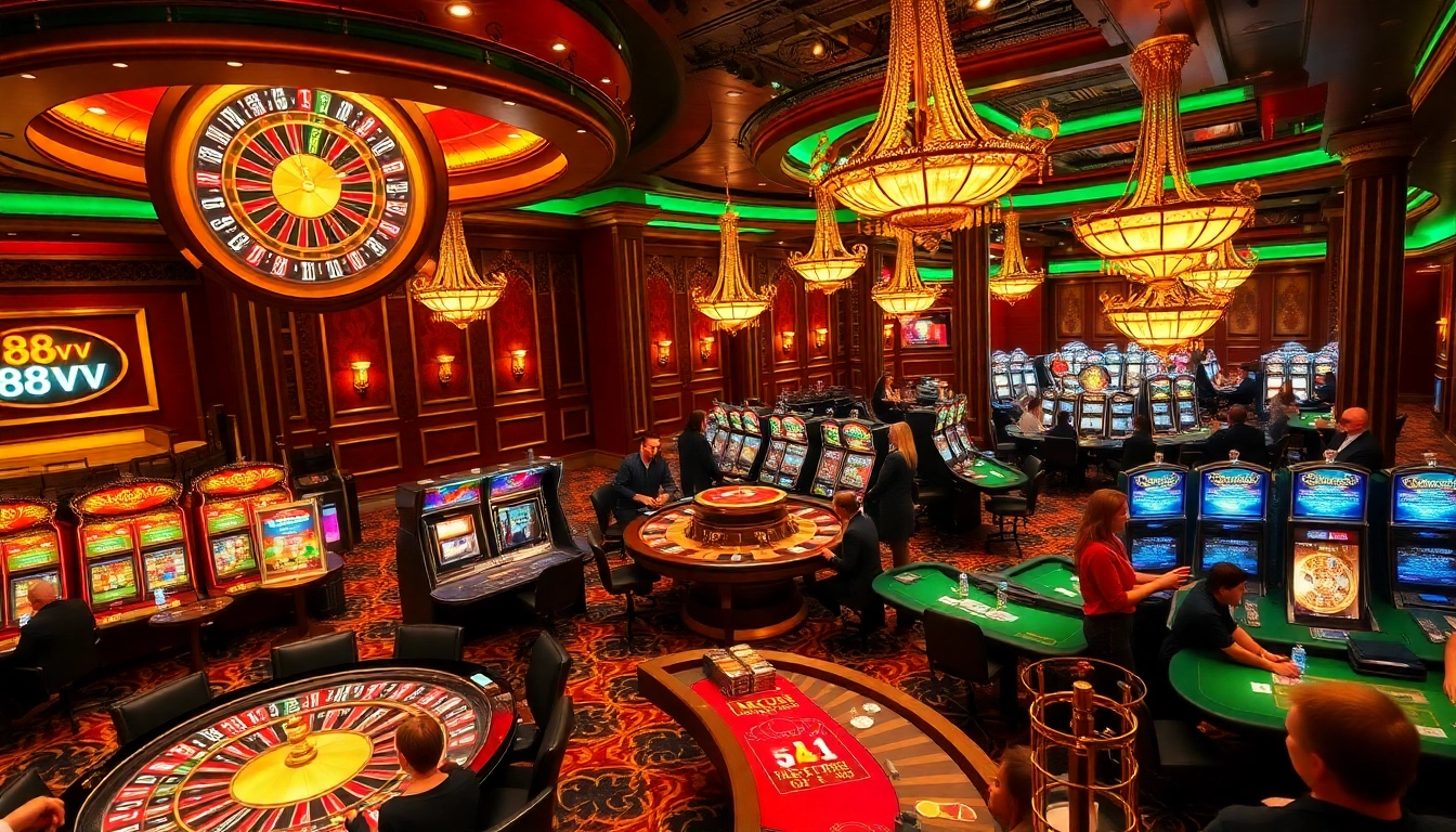 Engage with thrilling games at 88vv, featuring a luxurious casino environment with vibrant slot machines and exciting roulette.