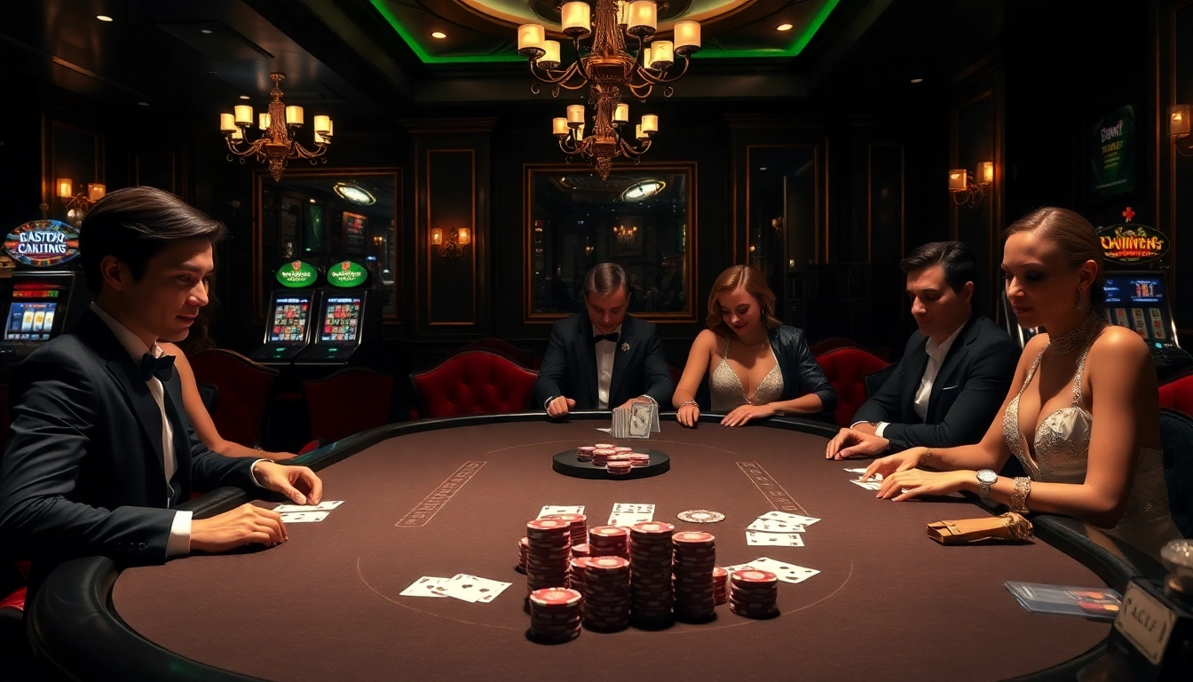 Engaged players at a Nhà cái OK365 poker table, showcasing the thrill of gambling.