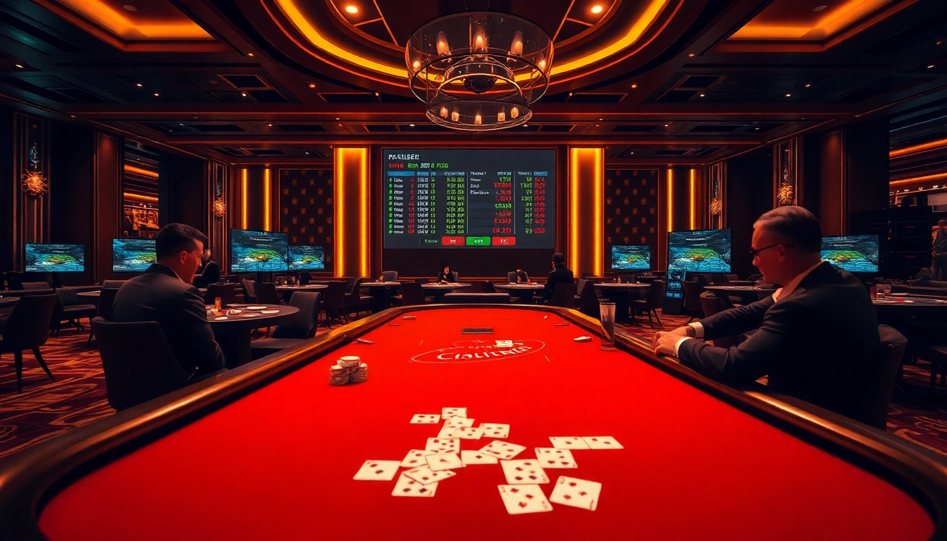 Kèo Bóng Đá betting table in a luxury casino, showcasing players and live odds updates.