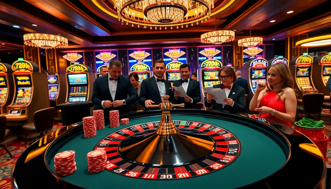 Engage with the thrilling atmosphere of a lavish casino featuring games related to 789b and sparkling slot machines.