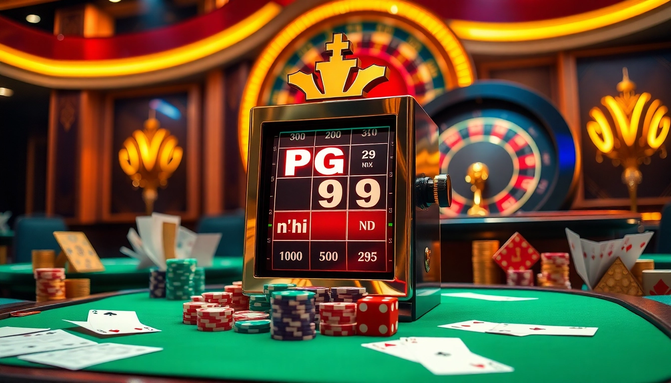 Experience the thrill of PG99 nổ hũ with a luxurious slot machine and vibrant casino ambiance.