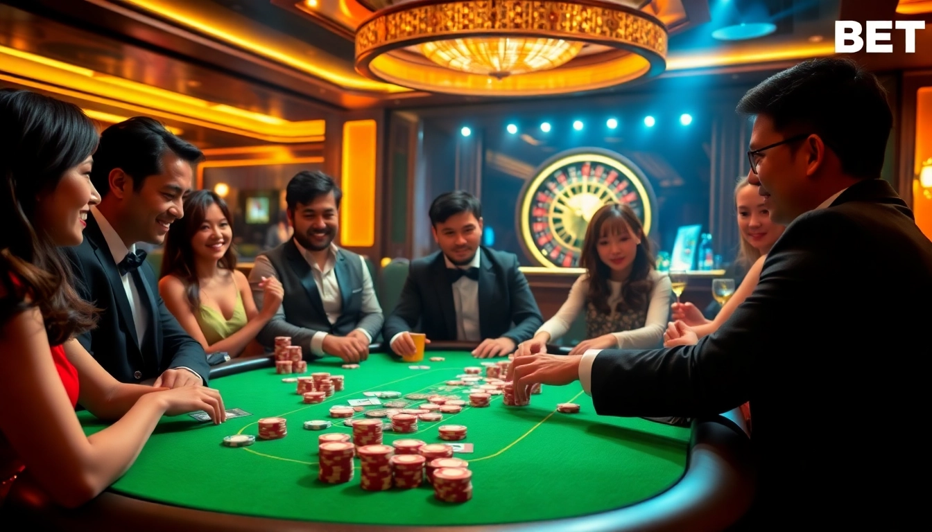 Engaged players competing at a poker table, representing the thrilling atmosphere of I9BET online gaming.