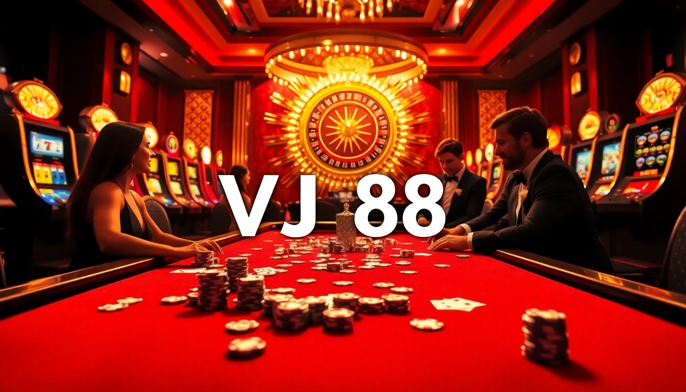 Engage with the thrilling VJ88 casino experience featuring poker chips and roulette wheel.