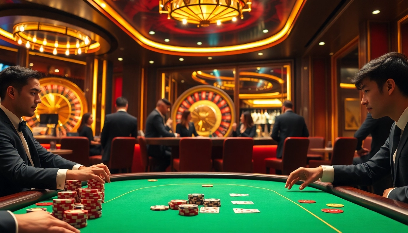 VJ88 casino scene depicting an exciting poker game with vibrant poker chips and cards.