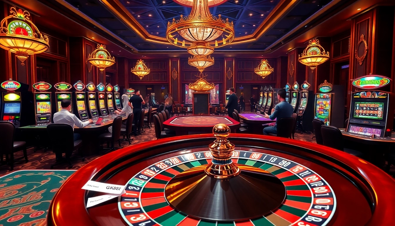 Players enjoying the thrilling atmosphere of GK88 casino with poker chips and roulette wheel.
