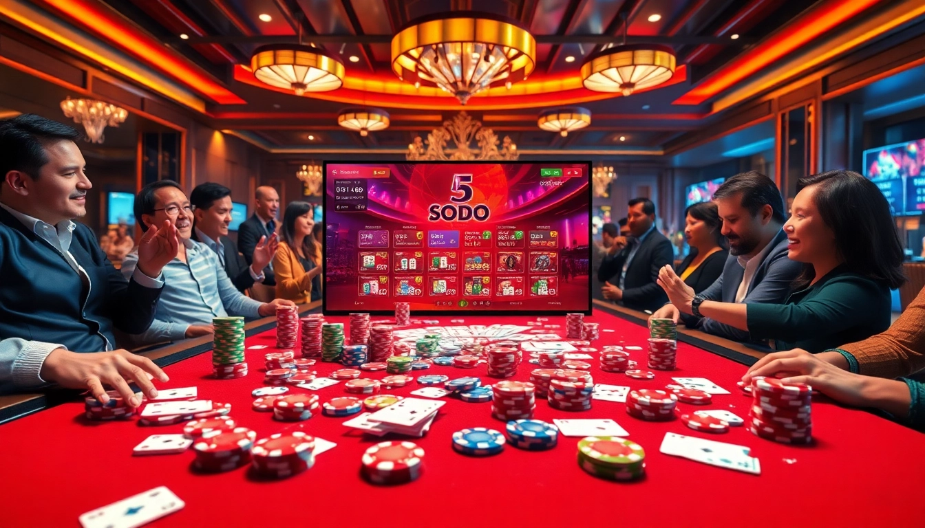 Players engaging in exciting games at SODO66's online casino table with vibrant chips and cards.