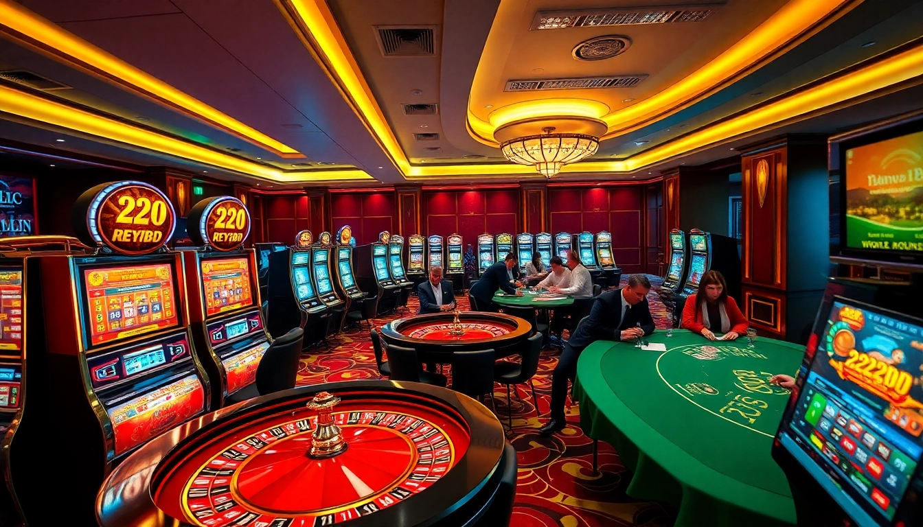 Exciting casino action featuring 222BD slot machines and poker tables with players engaged.