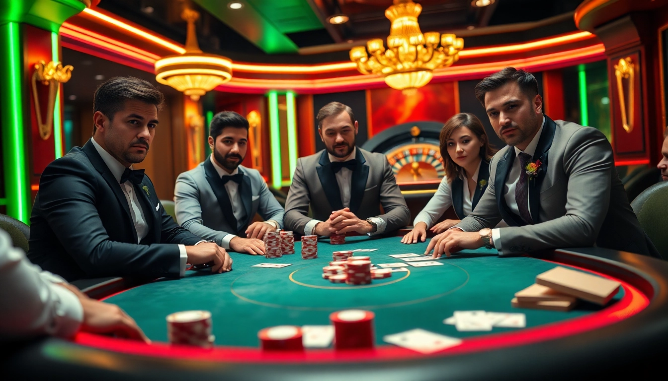 Exciting poker action at a luxurious casino featuring okking-themed poker chips and vibrant visuals.