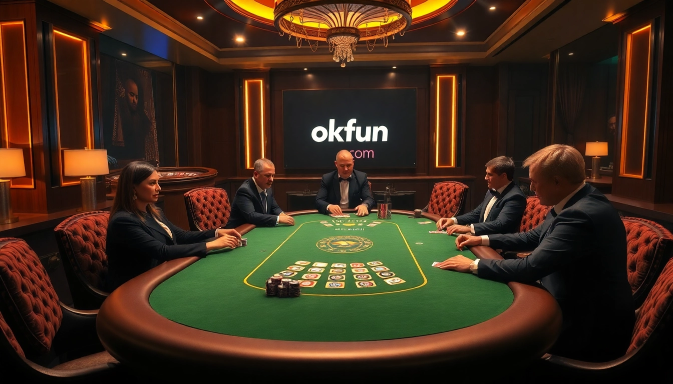 Engaging players at a poker table in a luxurious casino with okfun com branding, highlighting casino excitement.