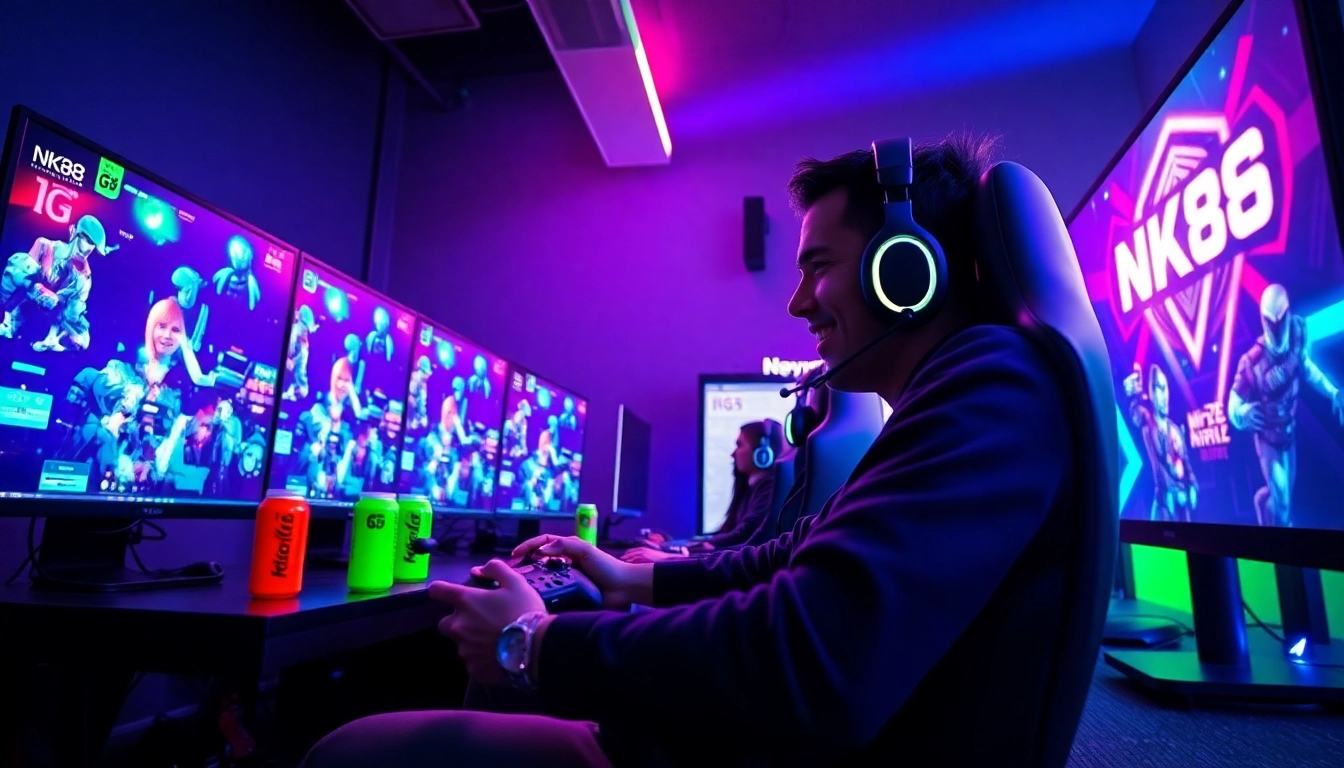 NK88 GG gaming setup showcasing an excited gamer with vibrant graphics and modern tech.