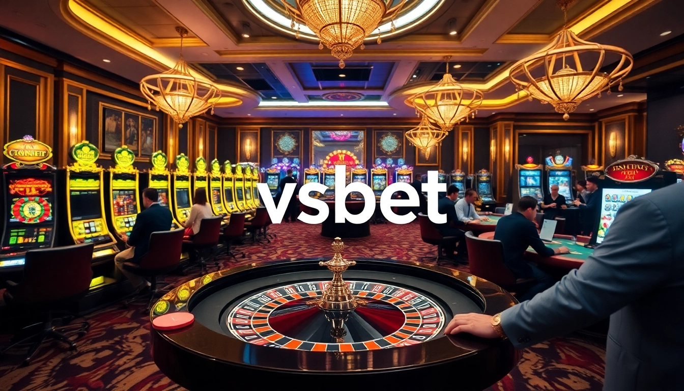 Players enjoying a thrilling gaming experience at VSBET casino with roulette and slot machines.