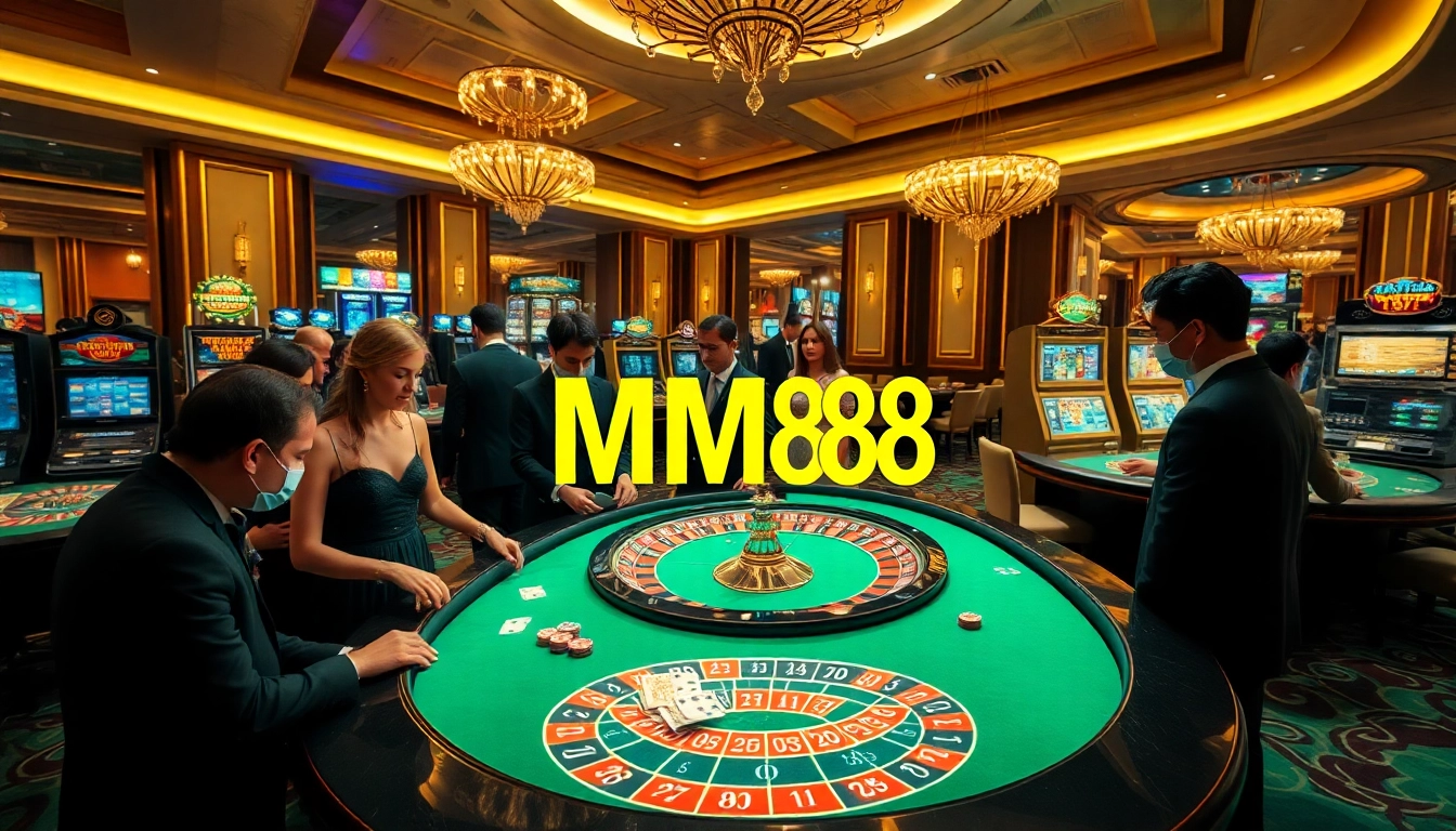 MM88 is showcased in a luxurious casino setting with players at roulette and poker tables.