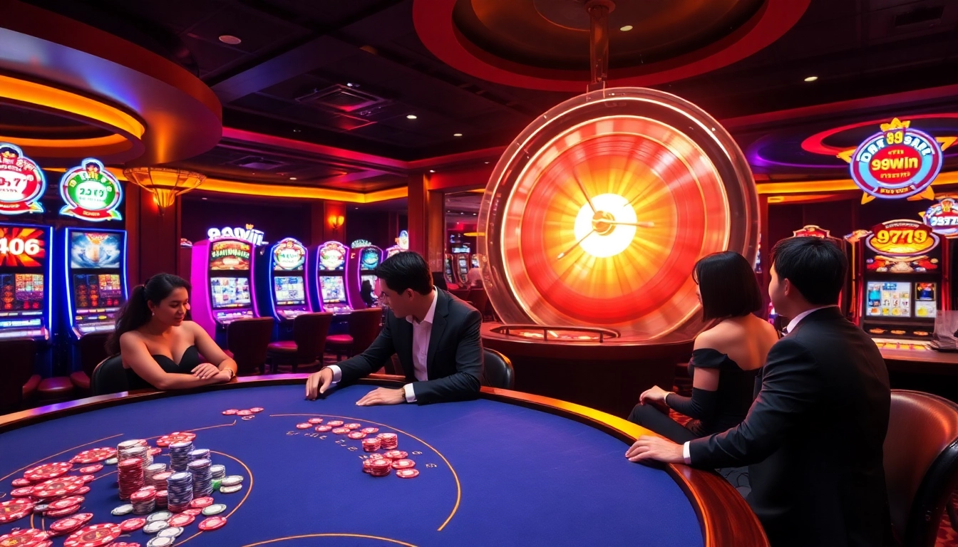 Players enjoying a thrilling game experience at 98win's upscale casino table, with vibrant colors and excitement.