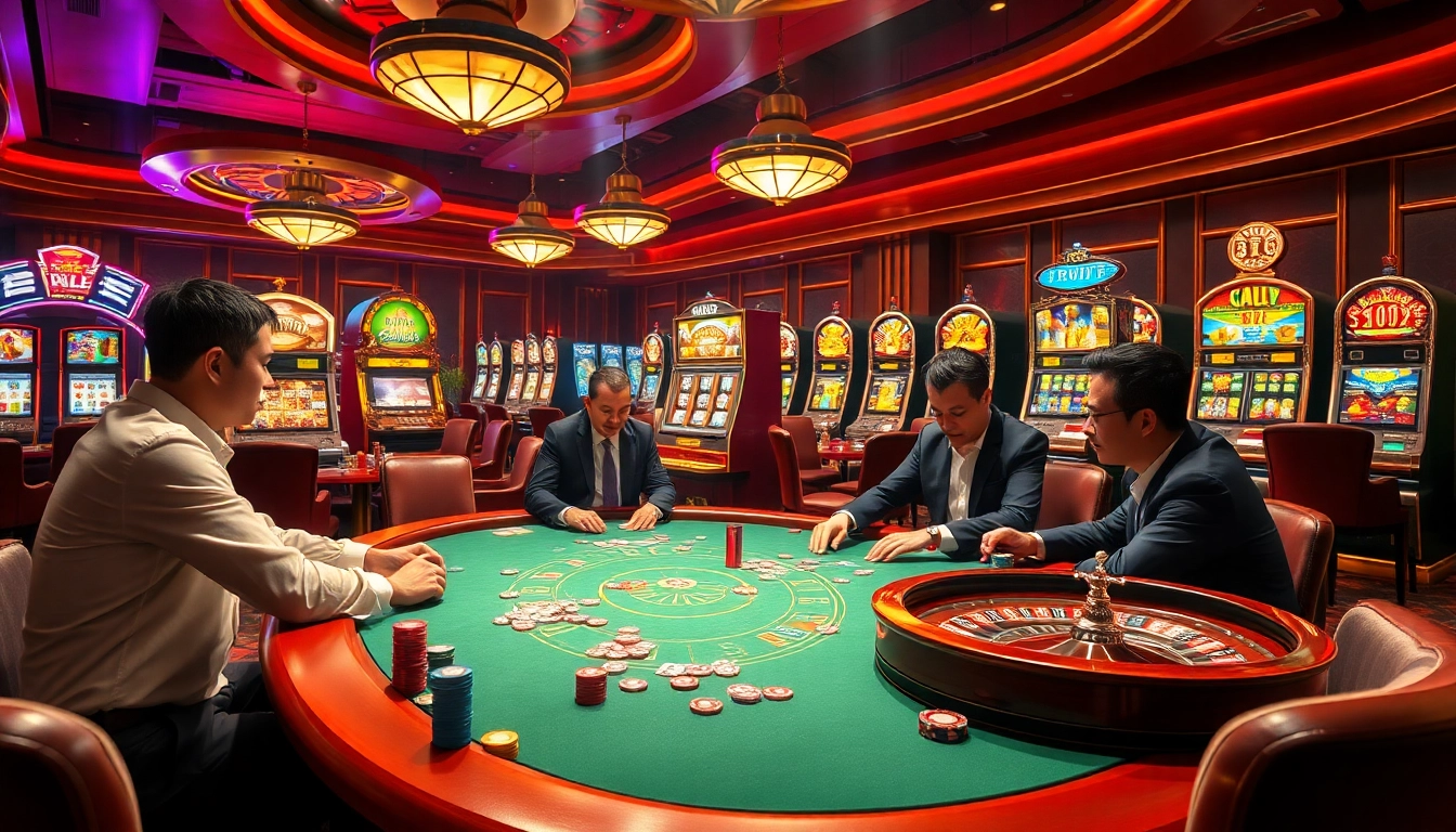 A vibrant casino scene with players at a poker table showcasing the excitement of gambling at https://tylebongdatructuyen.org/.