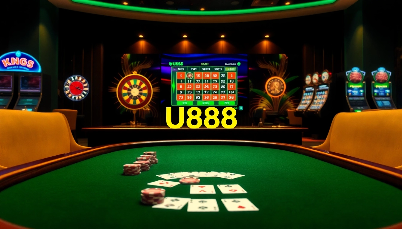 Experience the excitement of U888 with luxurious poker and casino elements showcasing thrilling games.