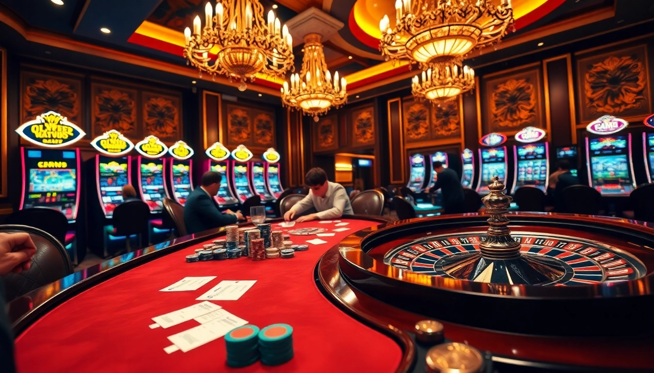 Experience a thrilling poker game at VJ88 casino with vibrant chips and a roulette wheel.