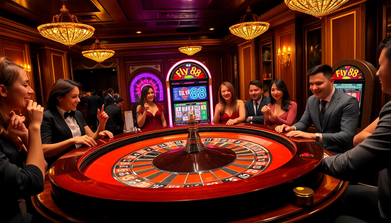 Experience the thrill of fly88 at a luxurious roulette table with excited players in this vibrant casino scene.