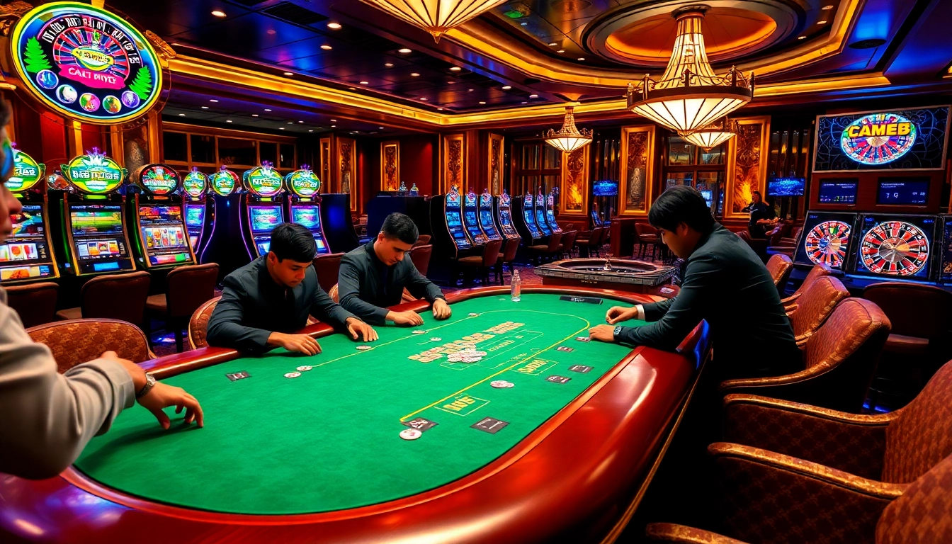 ABC8 casino scene with high-stakes poker action, vibrant slot machines, and an upscale ambiance.