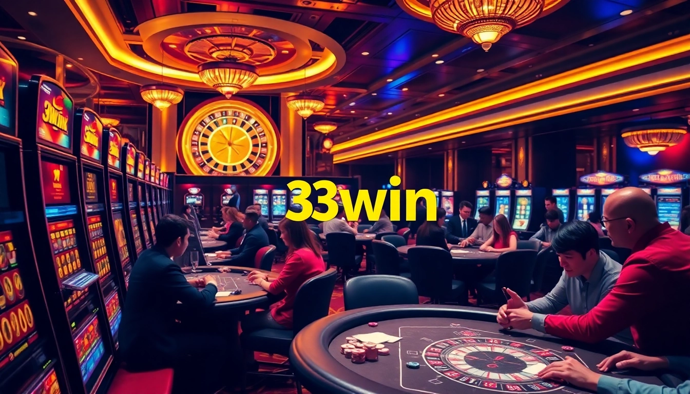 Experience high-stakes gaming excitement at 33win with players at vibrant casino tables.