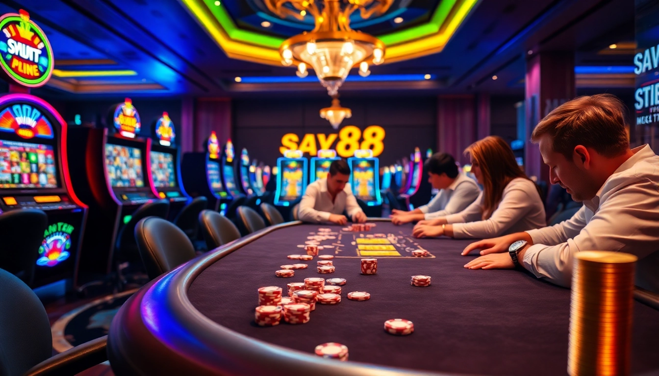 Experience high-stakes excitement with say88 at a professional poker table surrounded by vibrant casino elements.