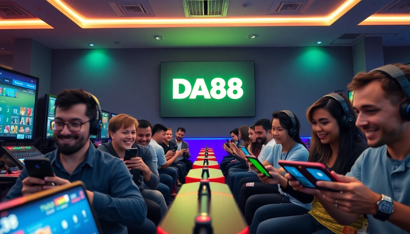 Exciting online gaming experience with DA88 logo, showcasing diverse players engaged in mobile and slot games.