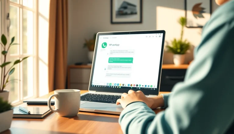 用户在舒适的家庭办公室环境中通过 WhatsApp网页版进行交流。