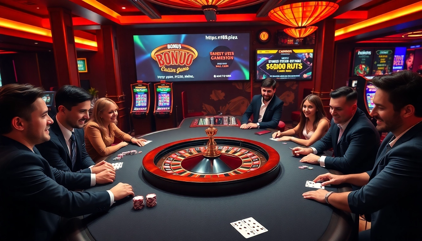 Gambling excitement at https://rr88.pizza/ with a roulette wheel and card games in a luxurious casino setting.