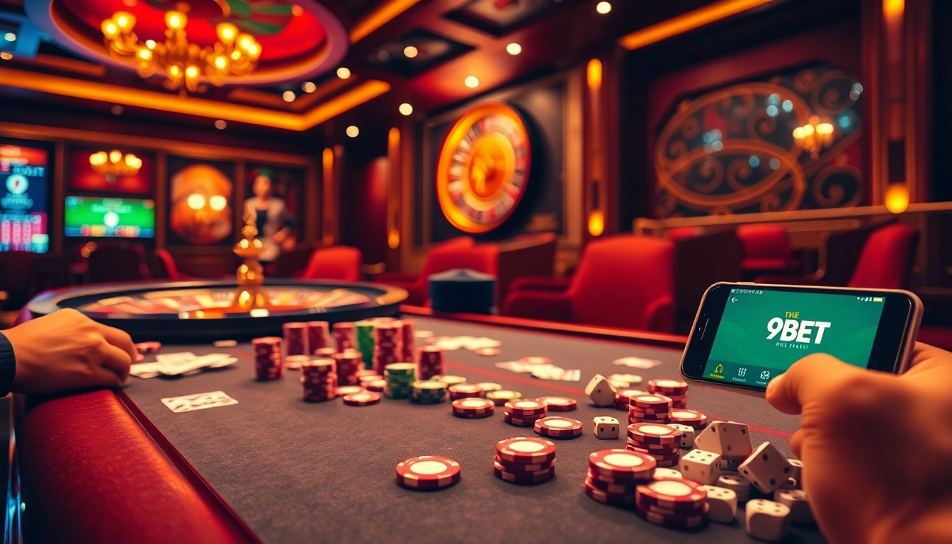 Experience the excitement of 9BET with vibrant casino tables filled with chips and cards.