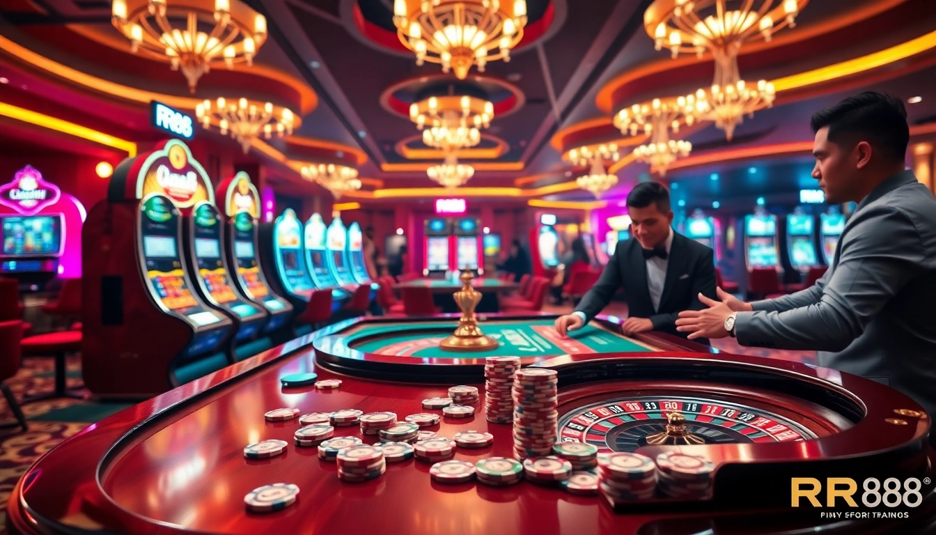 Experience excitement at RR88 with thrilling casino games and engaging players at a luxurious roulette table.