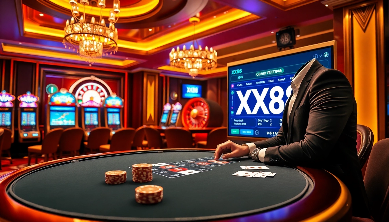 Experience the thrill of XX88 at a luxurious casino with poker, slots, and roulette.