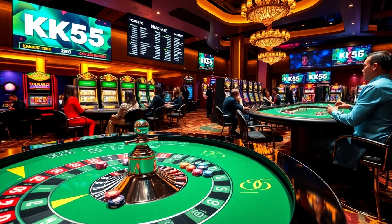 KK55 logo showcased on a vibrant casino table filled with poker chips and cards.