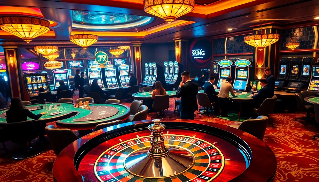 High-stakes action at Nhà cái 79KING casino with players at roulette and poker tables.