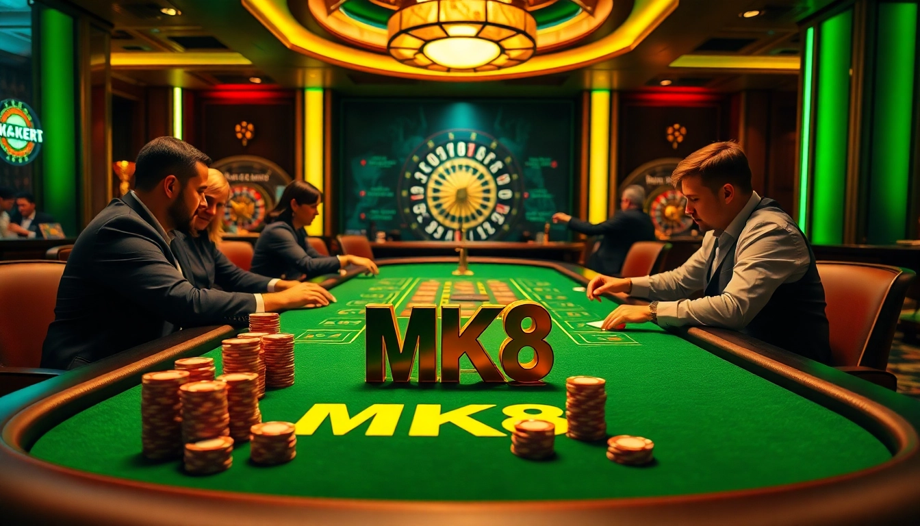 Players enjoy an exciting MK8 poker game at a luxurious casino table with vibrant colors.